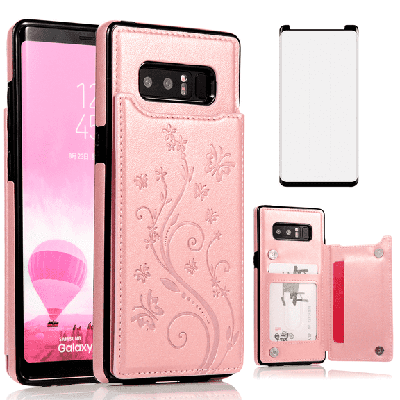 Asuwish Compatible with Samsung Galaxy Note 8 Wallet Phone Case Tempered Glass Screen Protector and Flower PU Leather Credit Card Holder Stand Rugged Cell Cover for Note8 Not S8 Gaxaly Women Men Pink