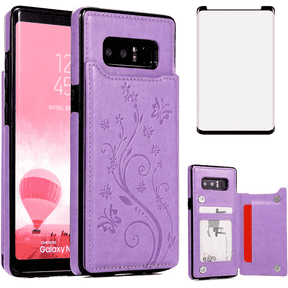 Asuwish Compatible with Samsung Galaxy Note 8 Wallet Phone Case Tempered Glass Screen Protector and Flower PU Leather Credit Card Holder Stand Slot Cell Cover for Note8 Not S8 Gaxaly Women Men Purple