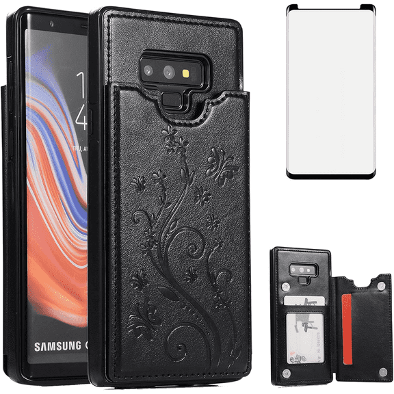 Asuwish Compatible with Samsung Galaxy Note 9 Wallet Phone Case Tempered Glass Screen Protector and Flower PU Leather Credit Card Holder Stand Slot Mobile Cell Cover for Note9 Not S9 Women Men Black