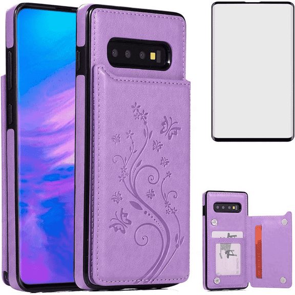 Asuwish Compatible with Samsung Galaxy S10 Plus Wallet Phone Case Tempered Glass Screen Protector and Flower PU Leather Card Holder Stand Cell Cover for S10+ S10plus 10S Edge S 10 10plus Women Purple
