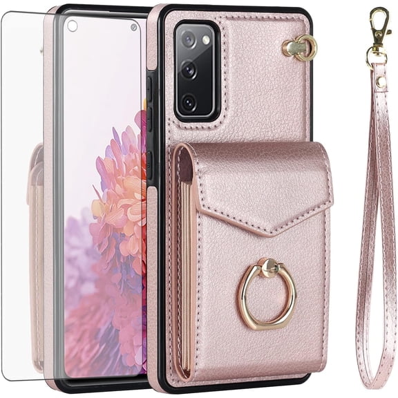 Asuwish Credit Card Slot PU Leather Wallet Cell Phone Case with Ring & RFID Blocking and Tempered Glass Screen Protector for Samsung Galaxy S20 FE / S20 FE 2022 / S20 FE UW, RoseGold