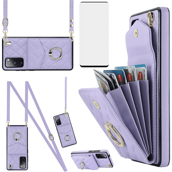 Asuwish Wallet RFID Blocking PU Leather Cell Phone Case with Tempered Glass Screen Protector, Wrist Strap for Samsung Galaxy S20, Purple