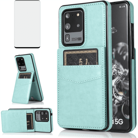 Asuwish Compatible with Samsung Galaxy S20 Ultra 5G Wallet Phone Case Tempered Glass Screen Protector and Ring RFID Credit Card Holder Cell Cover for S20ultra 20S S 20 A20 S2O 20ultra G5 Women Teal