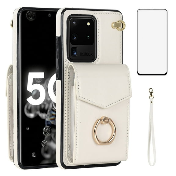 Asuwish Compatible with Samsung Galaxy S20 Ultra 5G Wallet Phone Case Tempered Glass Screen Protector Ring RFID Credit Card Holder PU Leather Cell Cover for S20ultra 20S S 20 A20 S2O 20ultra G5 White