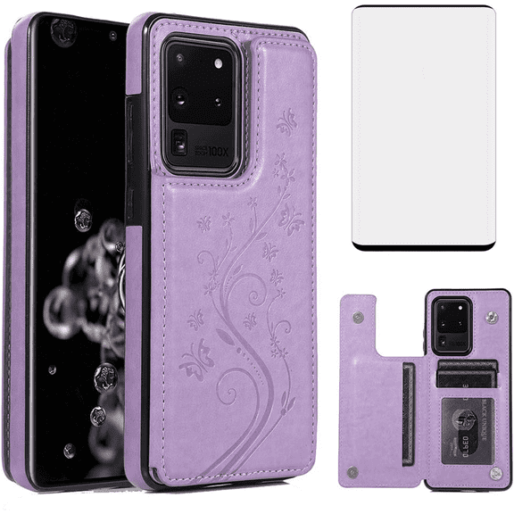 Asuwish Compatible with Samsung Galaxy S20 Ultra 5G Wallet Phone Case Tempered Glass Screen Protector and Flower Credit Card Holder Stand Cell Cover for S20ultra 20S S 20 A20 S2O 20ultra G5 Purple