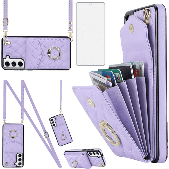 Asuwish Compatible with Samsung Galaxy S21 FE 5G Wallet Phone Case Tempered Glass Screen Protector and Ring RFID Card Holder Cell Cover for S 21 EF S21FE5G UW S21FE 21S G5 6.4 inch Women Girls Purple