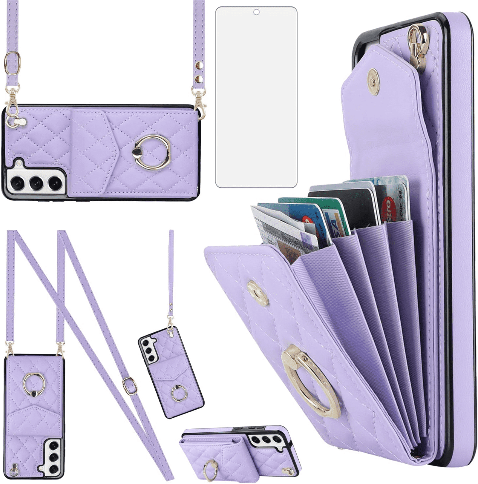 Asuwish Wallet RFID Blocking PU Leather Cell Phone Case with Tempered Glass Screen Protector, Wrist Strap for Samsung Galaxy S21 FE/S21 FE 5G UW, Purple