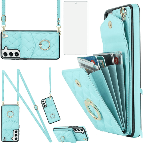 Asuwish Wallet RFID Blocking PU Leather Cell Phone Case with Tempered Glass Screen Protector, Wrist Strap for Samsung Galaxy S21 FE/S21 FE 5G UW, Teal