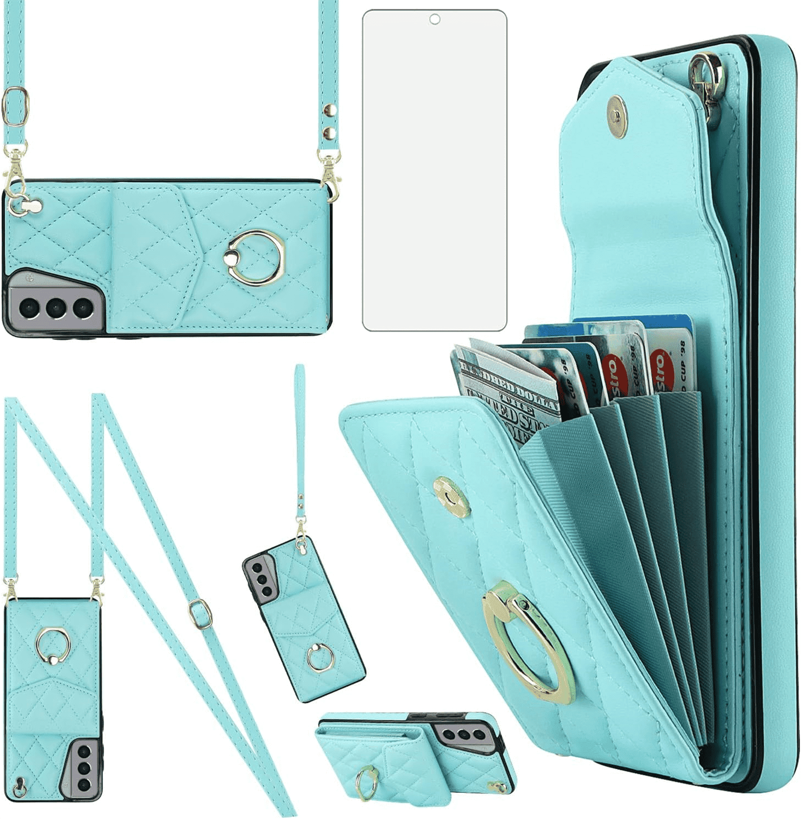 Asuwish Wallet RFID Blocking PU Leather Cell Phone Case with Tempered Glass Screen Protector, Wrist Strap for Samsung Galaxy S21, Teal