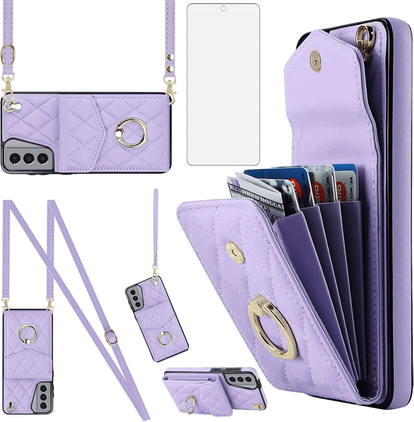 Asuwish Wallet RFID Blocking PU Leather Cell Phone Case with Tempered Glass Screen Protector, Wrist Strap for Samsung Galaxy S21 Plus, Purple