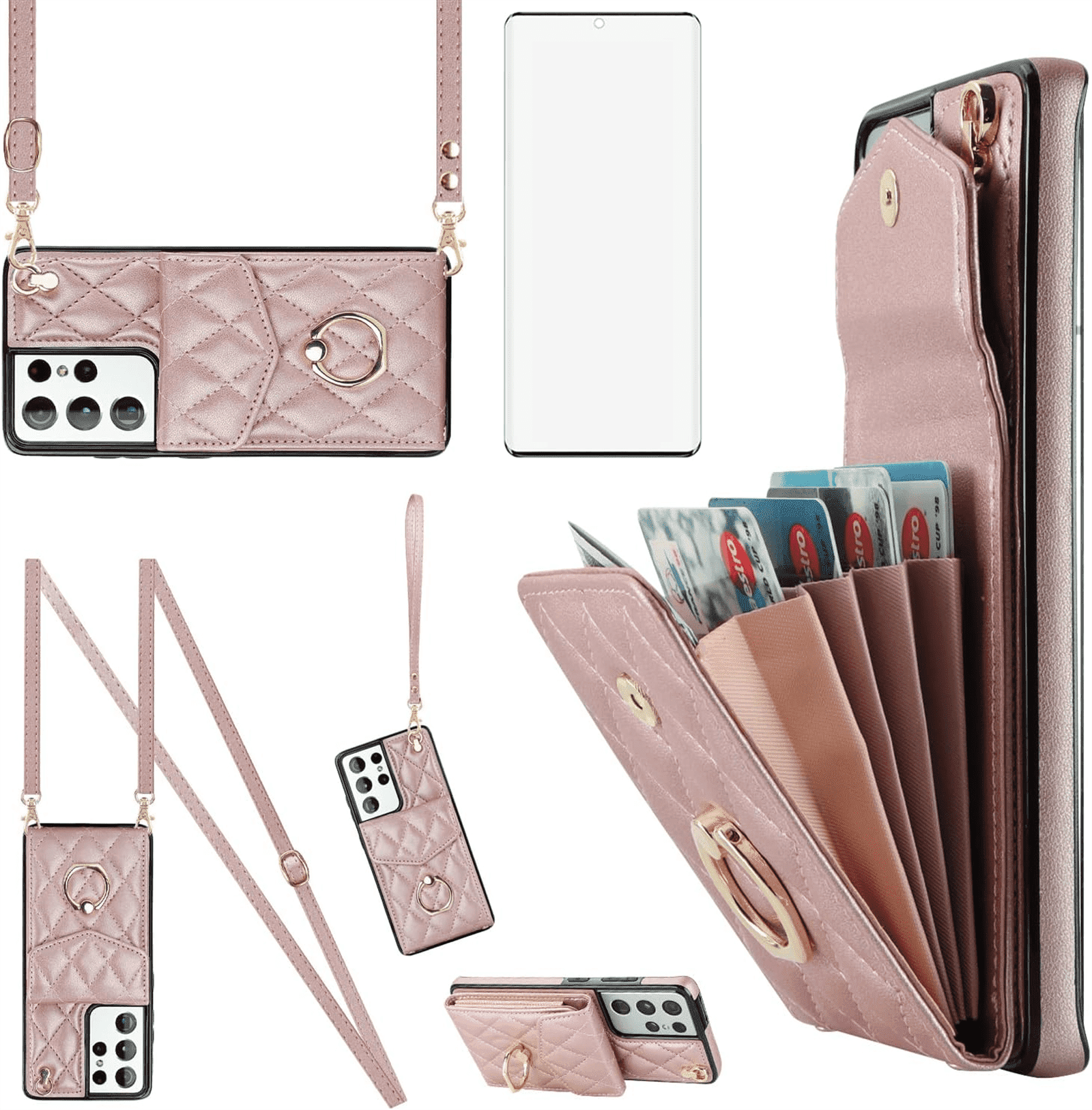 Asuwish Wallet RFID Blocking PU Leather Cell Phone Case with Tempered Glass Screen Protector, Wrist Strap for Samsung Galaxy S21 Ultra, Rose Gold