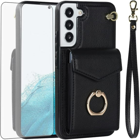 Asuwish Compatible with Samsung Galaxy S22 Plus S22+ 5G Wallet Phone Case Tempered Glass Screen Protector Ring RFID Credit Card Holder PU Leather Cell Cover for S22+5G S22plus 22S + S 22 22+ Black