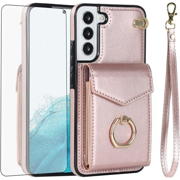 Asuwish Compatible with Samsung Galaxy S22 Plus S22+ 5G Wallet Phone Case Tempered Glass Screen Protector Ring RFID Card Holder PU Leather Cell Cover for S22+5G S22plus 22S + S 22 22+ Girls Rose Gold