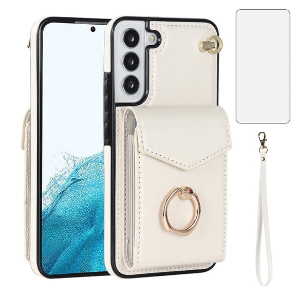 Asuwish Credit Card Slot PU Leather Wallet Cell Phone Case with Ring & RFID Blocking and Tempered Glass Screen Protector for Samsung Galaxy S22 Plus 5G, White