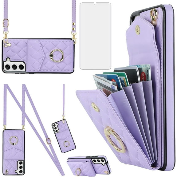 Asuwish Compatible with Samsung Galaxy S22 Plus S22+ 5G Wallet Phone Case Tempered Glass Screen Protector and Crossbody Ring RFID Card Holder Cell Cover for S22+5G S22plus 22S + S 22 22+ Women Purple