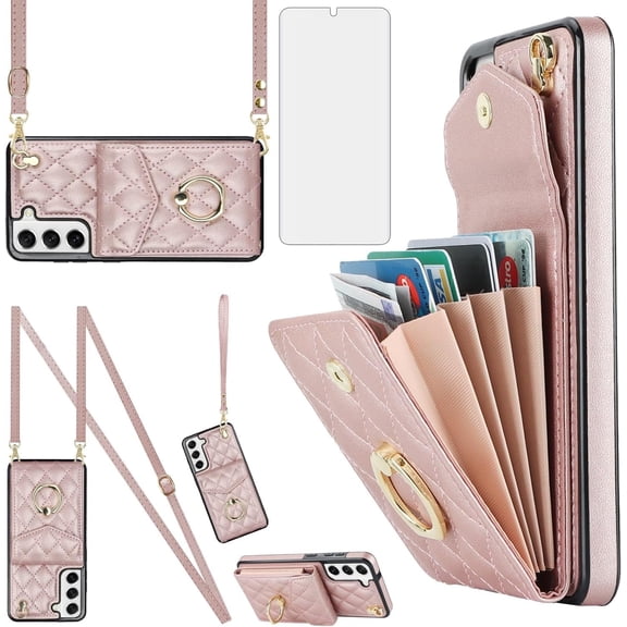 Asuwish Wallet RFID Blocking PU Leather Cell Phone Case with Tempered Glass Screen Protector, Wrist Strap for Samsung Galaxy S22 Plus, Rose Gold