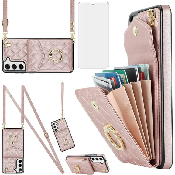 Asuwish Compatible with Samsung Galaxy S22 Plus S22+ 5G Wallet Phone Case Tempered Glass Screen Protector and Ring RFID Credit Card Holder Cell Cover for S22+5G S22plus 22S + S 22 22+ Women RoseGold