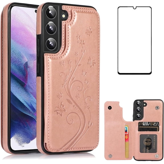 Asuwish Compatible with Samsung Galaxy S22 Plus S22+ 5G Wallet Phone Case Tempered Glass Screen Protector and Flower PU Leather Card Holder Stand Cell Cover for S22+5G S22plus 22S + S 22 22+ Men Pink