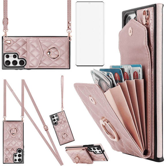 Asuwish Wallet RFID Blocking PU Leather Cell Phone Case with Tempered Glass Screen Protector, Wrist Strap for Samsung Galaxy S22 Ultra, Rose Gold