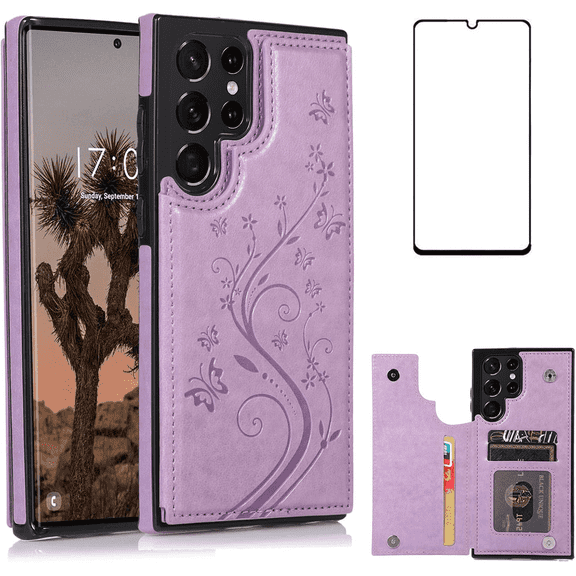 Asuwish Compatible with Samsung Galaxy S22 Ultra 5G Wallet Phone Case Tempered Glass Screen Protector and Flower PU Leather Card Holder Stand Cell Cover for S22ultra 22S S 22 S22ultra5g 6.8 Purple