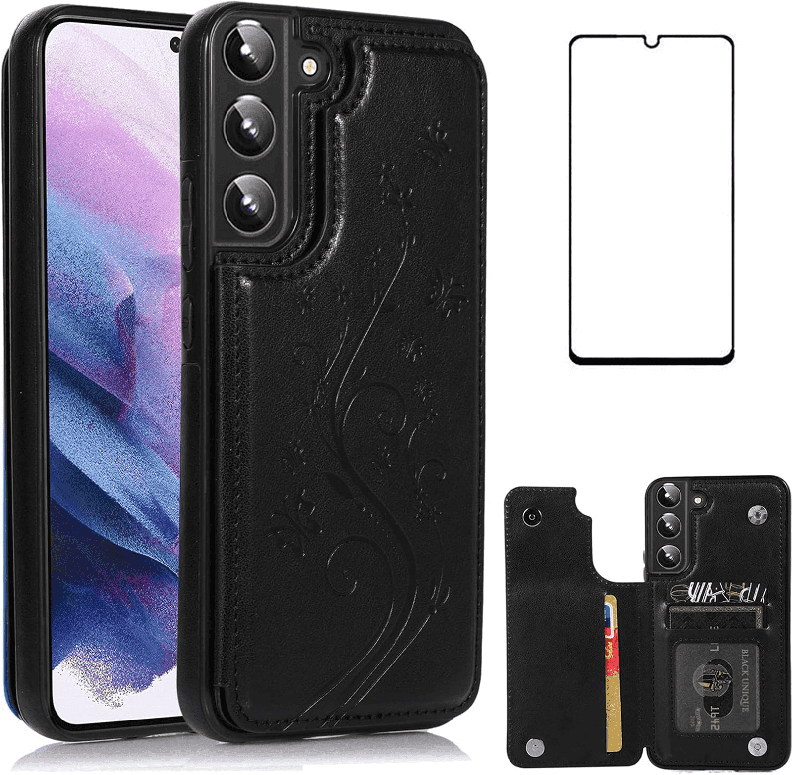Asuwish Compatible with Samsung Galaxy S22 5G Wallet Phone Case Tempered Glass Screen Protector and Flower PU Leather Credit Card Holder Stand Cell Cover for S 22 22S 4G G5 6.1 inch Women Men Black