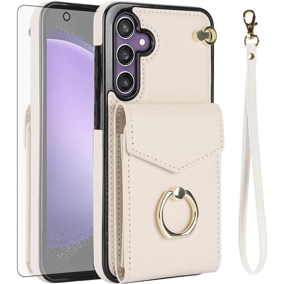 Asuwish Credit Card Slot PU Leather Wallet Cell Phone Case with Ring & RFID Blocking and Tempered Glass Screen Protector for Samsung Galaxy S23 FE, White