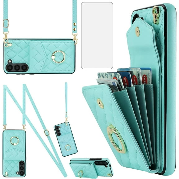Asuwish Compatible with Samsung Galaxy S23 5G Wallet Phone Case Tempered Glass Screen Protector and Wrist Strap Ring RFID Card Holder Cell Cover for S 23 23S GS23 G5 SM-S911U 6.1 inch Women Teal