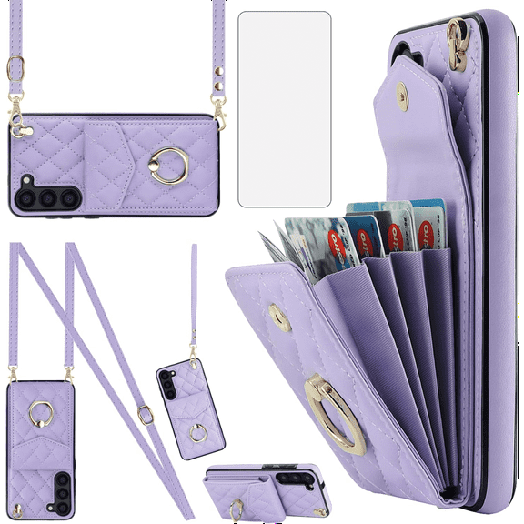 Asuwish Compatible with Samsung Galaxy S23 Plus S23+ 5G Wallet Phone Case Screen Protector and Wrist Strap Ring RFID Card Holder Cell Cover for S23plus 23S + S 23 23+ SM-S916U 6.6 inch Women Purple