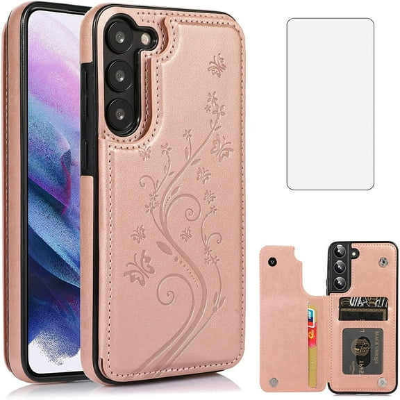 Asuwish Compatible with Samsung Galaxy S23 Plus S23+ 5G Wallet Phone Case Tempered Glass Screen Protector and Flower Card Holder Stand Cell Cover for S23plus 23S + S 23 23+ SM-S916U 6.6 inch Men Pink