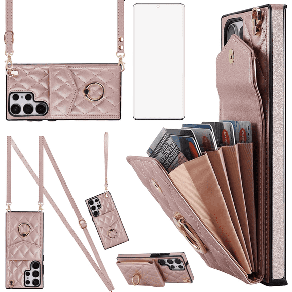 Asuwish Compatible with Samsung Galaxy S23 Ultra 5G Wallet Phone Case Tempered Glass Screen Protector and Ring RFID Credit Card Holder Cell Cover for S23Ultra 23S S 23 23Ultra 6.8 inch Women RoseGold