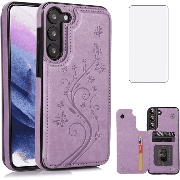 Asuwish Compatible with Samsung Galaxy S23 5G Wallet Phone Case Tempered Glass Screen Protector and Flower PU Leather Credit Card Holder Stand Cell Cover for S 23 23S GS23 G5 SM-S911U 6.1 inch Purple