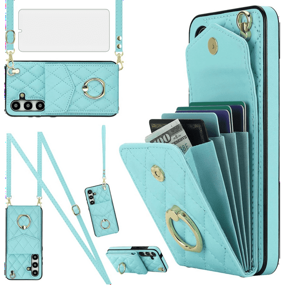 Asuwish Wallet RFID Blocking PU Leather Cell Phone Case with Tempered Glass Screen Protector, Wrist Strap for Samsung Galaxy S24 FE, Teal