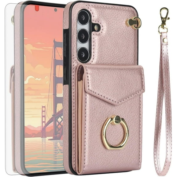 Asuwish Compatible with Samsung Galaxy S24 5G Wallet Phone Case Tempered Glass Screen Protector Ring RFID Credit Card Holder PU Leather Cell Cover for S 24 24S G5 SM-S931U Girls Rose Gold