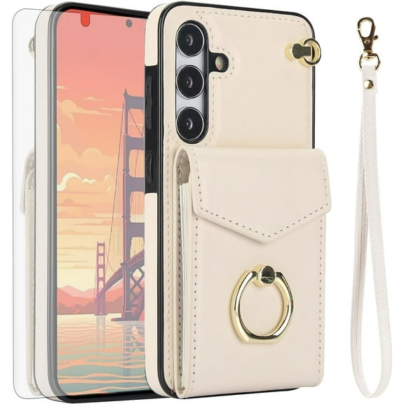 Asuwish Compatible with Samsung Galaxy S24 5G Wallet Phone Case Tempered Glass Screen Protector Ring RFID Credit Card Holder Slot PU Leather Cell Cover for S 24 24S G5 SM-S931U Girls White