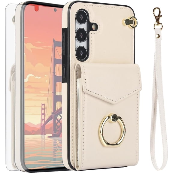 Asuwish Credit Card Slot PU Leather Wallet Cell Phone Case with Ring & RFID Blocking and Tempered Glass Screen Protector for Samsung Galaxy S24, White