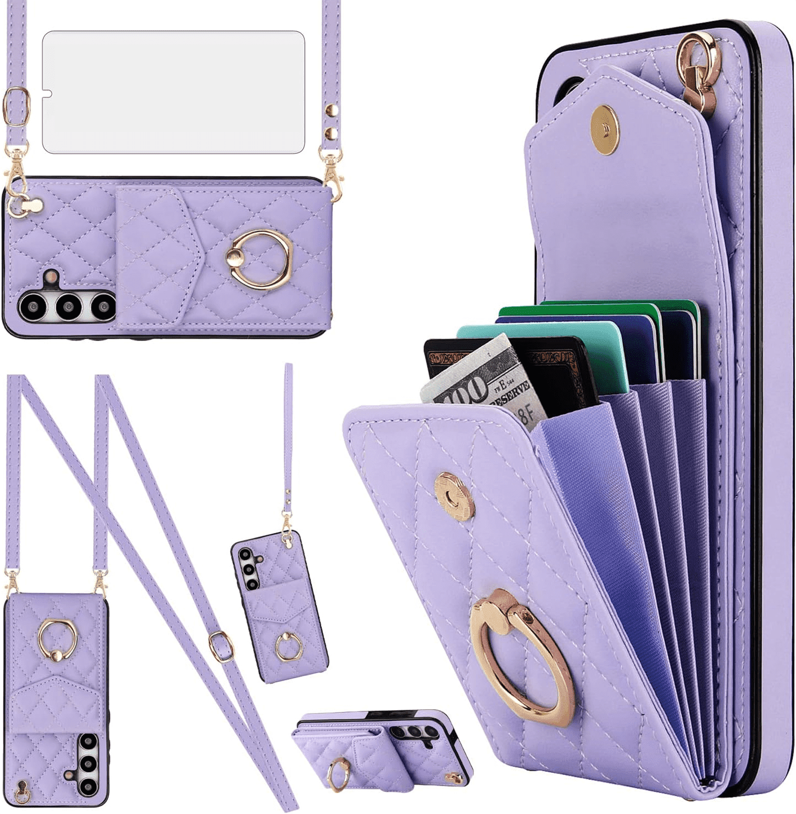 Asuwish Wallet RFID Blocking PU Leather Cell Phone Case with Tempered Glass Screen Protector, Wrist Strap for Samsung Galaxy S24 Plus, Purple