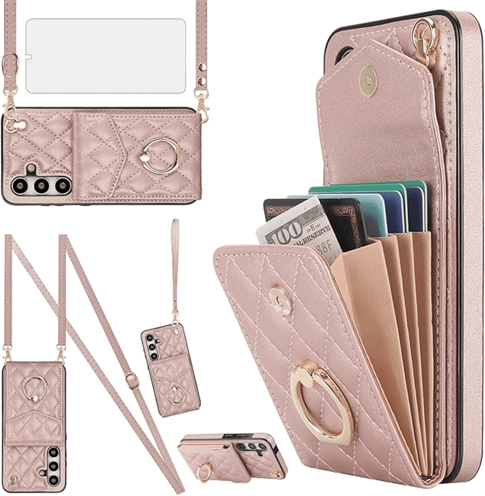 Asuwish Wallet RFID Blocking PU Leather Cell Phone Case with Tempered Glass Screen Protector, Wrist Strap for Samsung Galaxy S24 Plus, Rose Gold