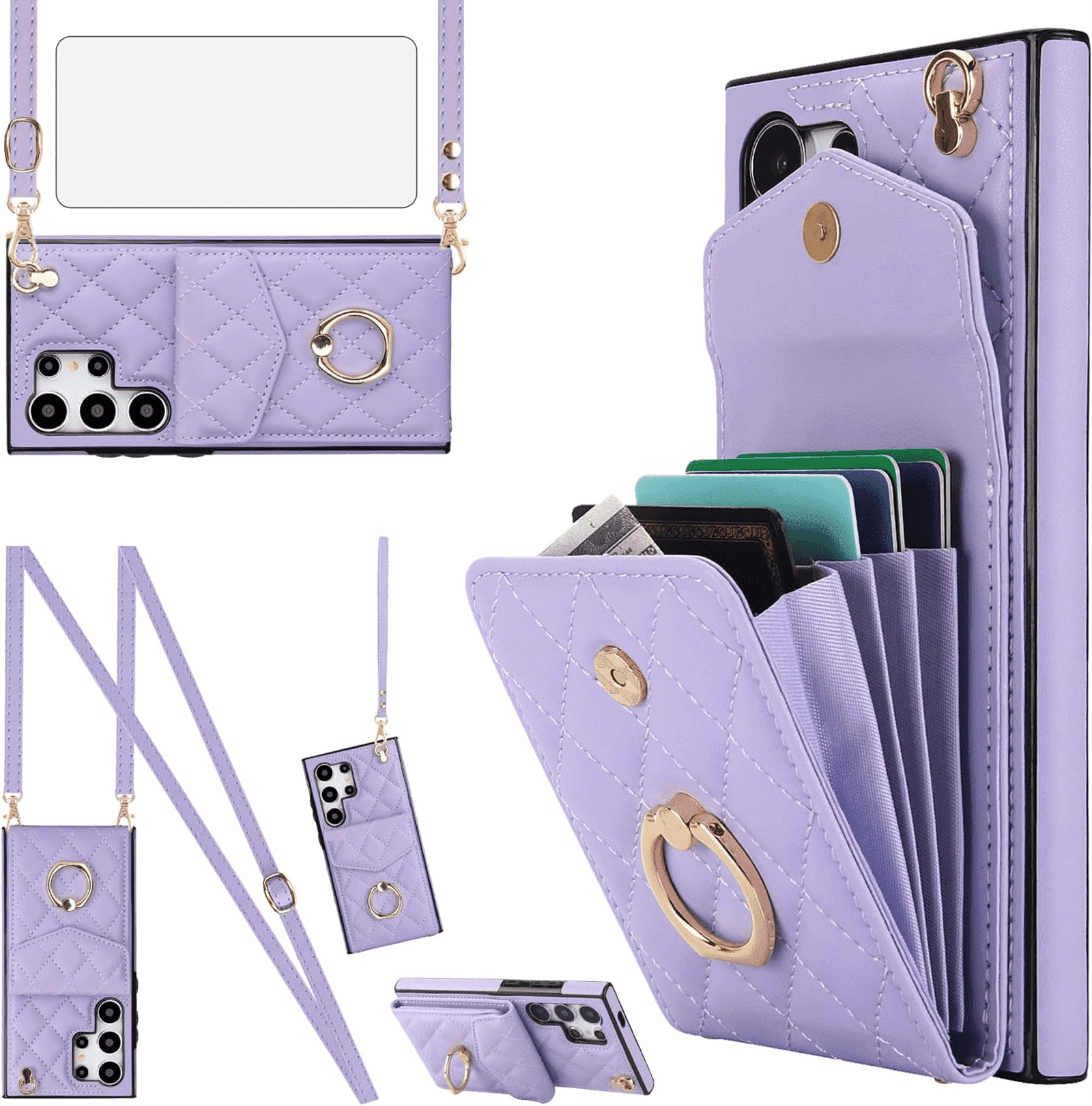 Asuwish Wallet RFID Blocking PU Leather Cell Phone Case with Tempered Glass Screen Protector, Wrist Strap for Samsung Galaxy S24 Ultra, Purple