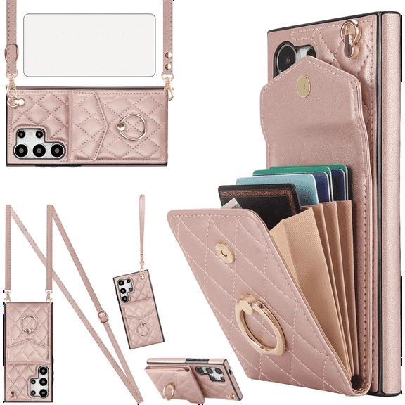 Asuwish Compatible with Samsung Galaxy S24 Ultra 5G Wallet Phone Case Tempered Glass Screen Protector and Wrist Strap Ring RFID Card Holder Cell Cover for S24Ultra 24S S 24 24Ultra Women RoseGold