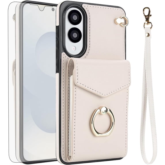 Asuwish Credit Card Slot PU Leather Wallet Cell Phone Case with Ring & RFID Blocking and Tempered Glass Screen Protector for Samsung Galaxy S25 Edge, White