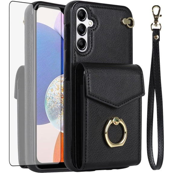 Asuwish Credit Card Slot PU Leather Wallet Cell Phone Case with Ring & RFID Blocking and Tempered Glass Screen Protector for Samsung Galaxy S25 Plus, Black