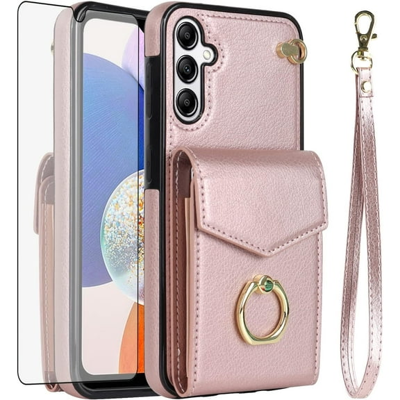 Asuwish Compatible with Samsung Galaxy S25 Plus S25+ 5G Wallet Phone Case Tempered Glass Screen Protector Ring RFID Card Holder PU Leather Cell Cover for S25Plus 25S + S 25 25+ SM-S936U Rose Gold