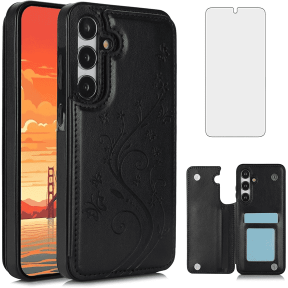 Asuwish Compatible with Samsung Galaxy S25 5G Wallet Phone Case Tempered Glass Screen Protector and Flower PU Leather Credit Card Holder Stand Cell Cover for S 25 25S 25 25S SM-S931U Women Men Black