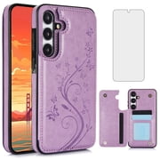 Asuwish Compatible with Samsung Galaxy S25 5G Wallet Phone Case Tempered Glass Screen Protector and Flower PU Leather Credit Card Holder Stand Cell Cover for S 