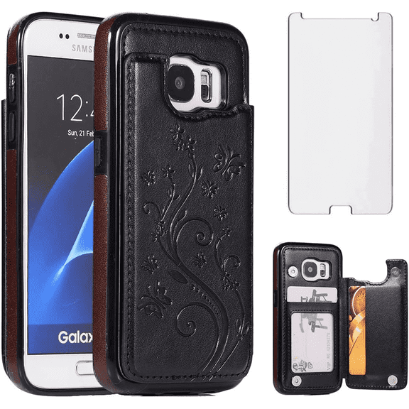 Asuwish Compatible with Samsung Galaxy S7 Wallet Phone Case Tempered Glass Screen Protector and Flower PU Leather Credit Card Holder Stand Cell Cover for S 7 7s GS7 SM-G930V G930A Women Men Black