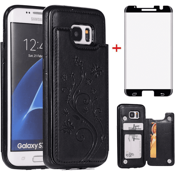 Asuwish Compatible with Samsung Galaxy S7 Edge Wallet Phone Case Tempered Glass Screen Protector and Flower PU Leather Credit Card Holder Stand Cell Cover for S7edge S 7 GS7 7s 7edge Women Men Black