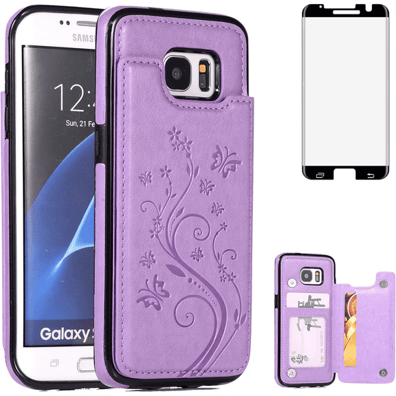Asuwish Compatible with Samsung Galaxy S7 Edge Wallet Phone Case Tempered Glass Screen Protector and Flower PU Leather Credit Card Holder Stand Cell Cover for S7edge S 7 GS7 7s 7edge Women Men Purple