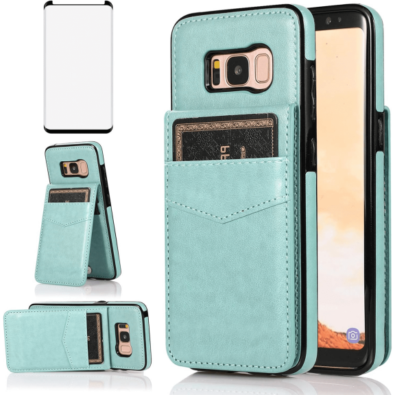 Asuwish Compatible with Samsung Galaxy S8 Wallet Phone Case Tempered Glass Screen Protector and Crossbody Wrist Strap Ring RFID Card Holder PU Leather Cell Cover for S 8 8S Edge SM-G950U Women Teal