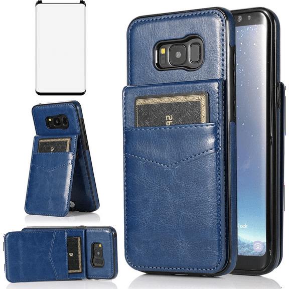 Asuwish Compatible with Samsung Galaxy S8 Plus Wallet Phone Case Tempered Glass Screen Protector and Wrist Strap Ring RFID Card Holder Cell Cover for S8plus S 8 8plus 8S Edge S8+ SM-G955U Women Blue