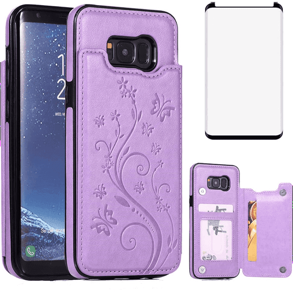Asuwish Compatible with Samsung Galaxy S8 Plus Wallet Phone Case Tempered Glass Screen Protector and Flower PU Leather Card Holder Stand Cell Cover for S8plus S 8 8plus 8S Edge S8  SM-G955U Purple